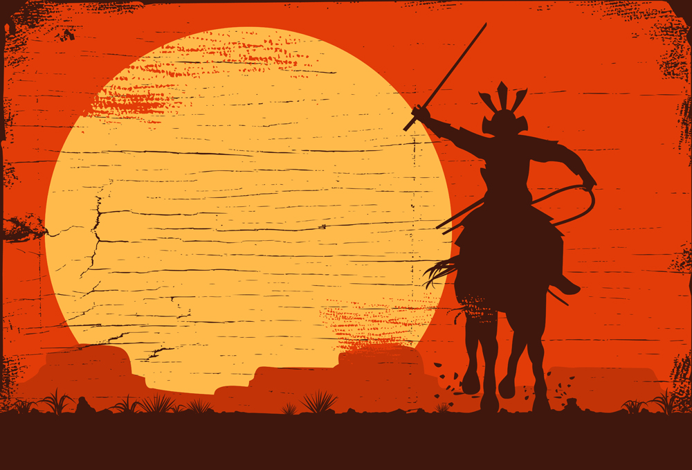 Silhouette of samurai riding horse at sunset(Seita)s