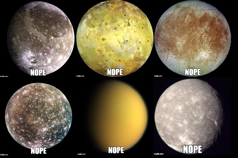 From left to right, top to bottom: Ganymede, Io, Europa, Callisto, Titan, Titania