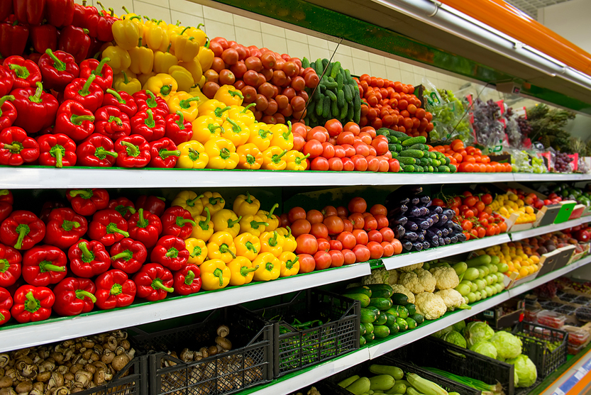 Fresh organic Vegetables and fruits on shelf in supermarket(Irina Sokolovskaya)s