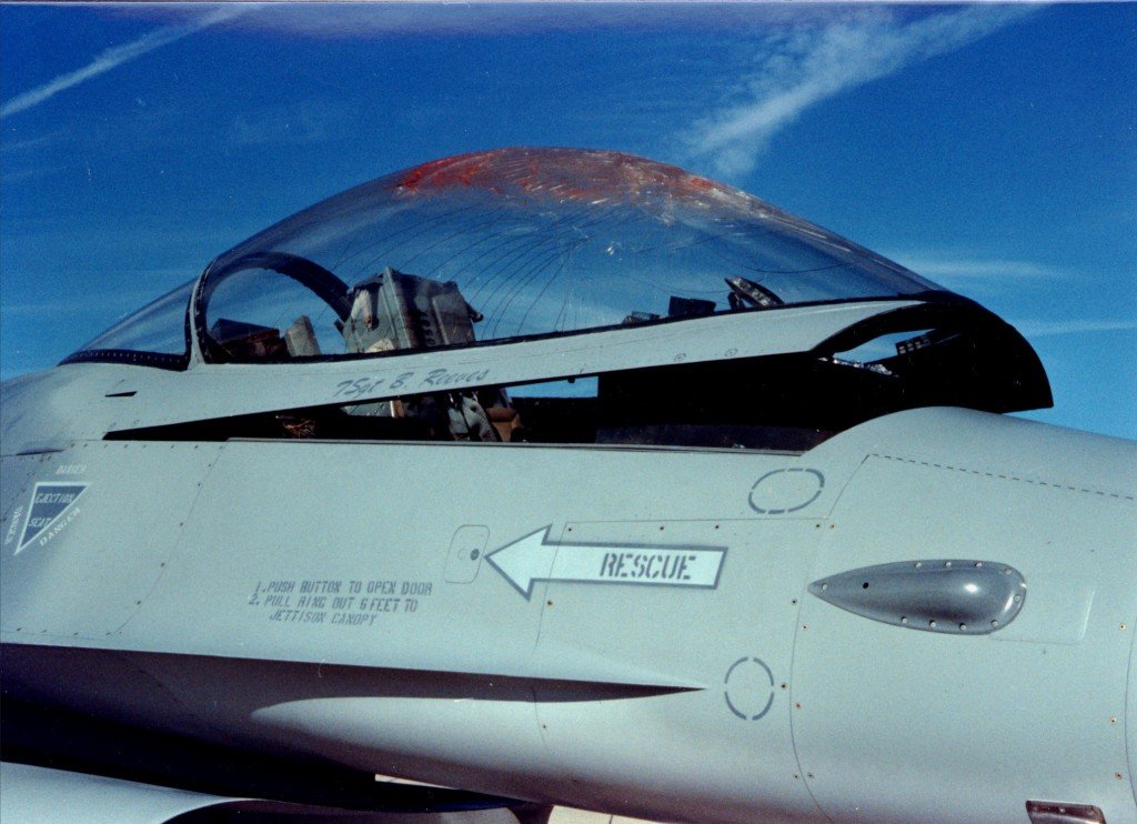 cracked canopy of a F-16 after a bird strike