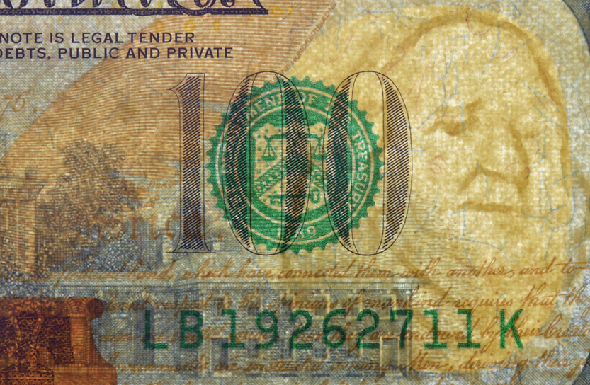 Watermark on redesigned new hundred dollar bill. One of paper securities(Darq)s