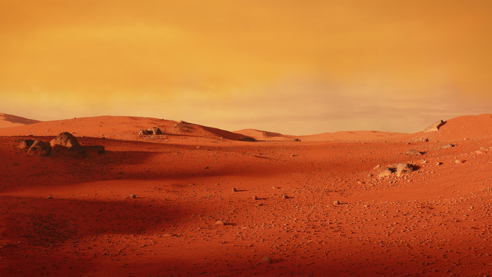 landscape on planet Mars, scenic desert scene on the red planet (3d space illustration)(Dotted Yeti)S