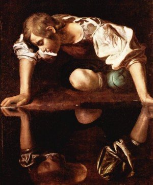Narcissus By Caravaggio The painting depicts the Roman myth in which a boy named Narcissus falls in love with his own reflection, only to be driven mad to commit suicide. Source: Wikipedia