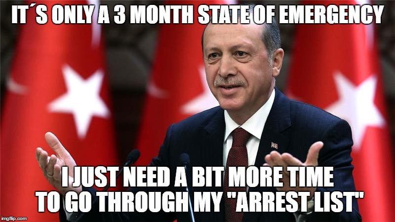 Erdogan, the leader of Turkey, announces a state of emergency. Needless to say, the international community was not amused.