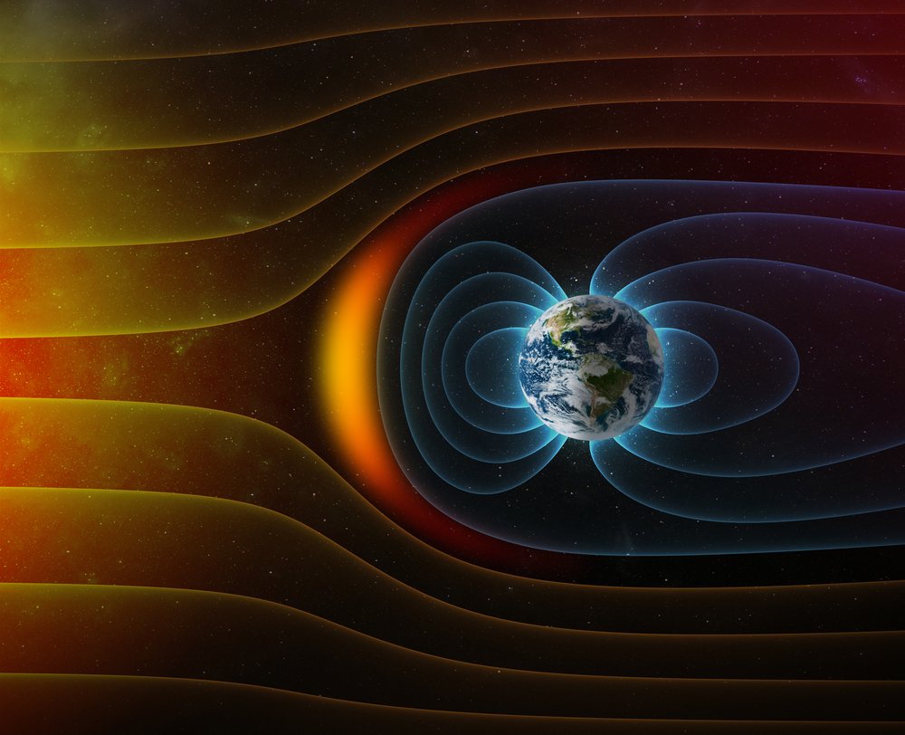 Planet Earth's magnetic field against Sun's solar wind (Elements of this image furnished by NASA)