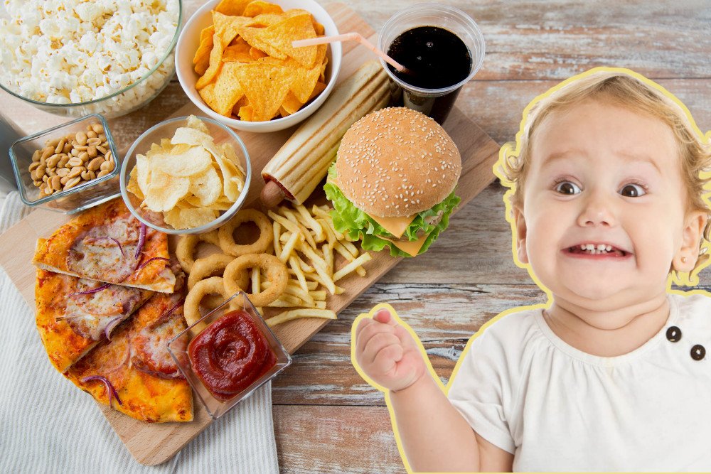Baby excited by junk food