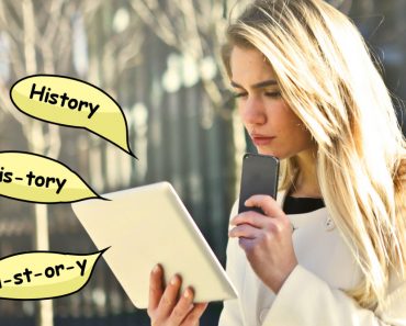Confused girl reading history word in tablet
