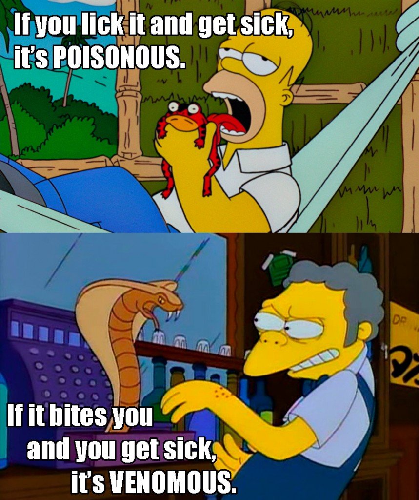 If you lick it and get sick, it’s POISONOUS. If it bites you and you get sick, it’s VENOMOUS.
