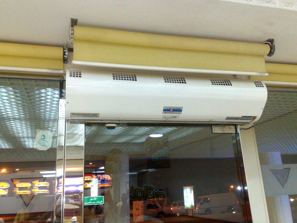 This air curtain is used to separate inside and outside air without blocking an open doorway