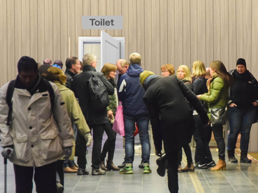 People crowding up on a single door toilet