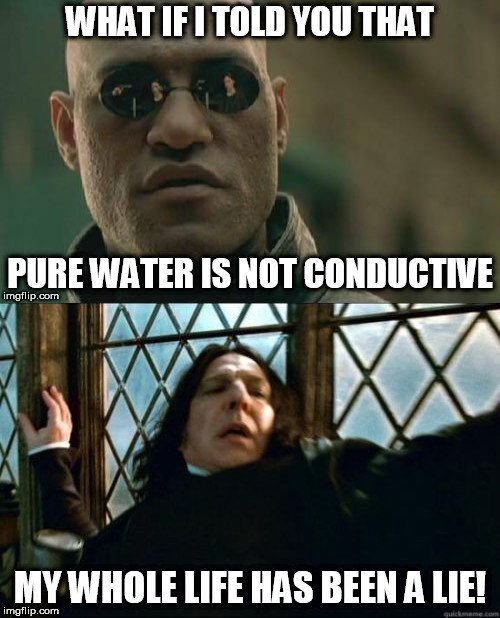 What if i told you that pure water is not conductive my whole life has been lie meme