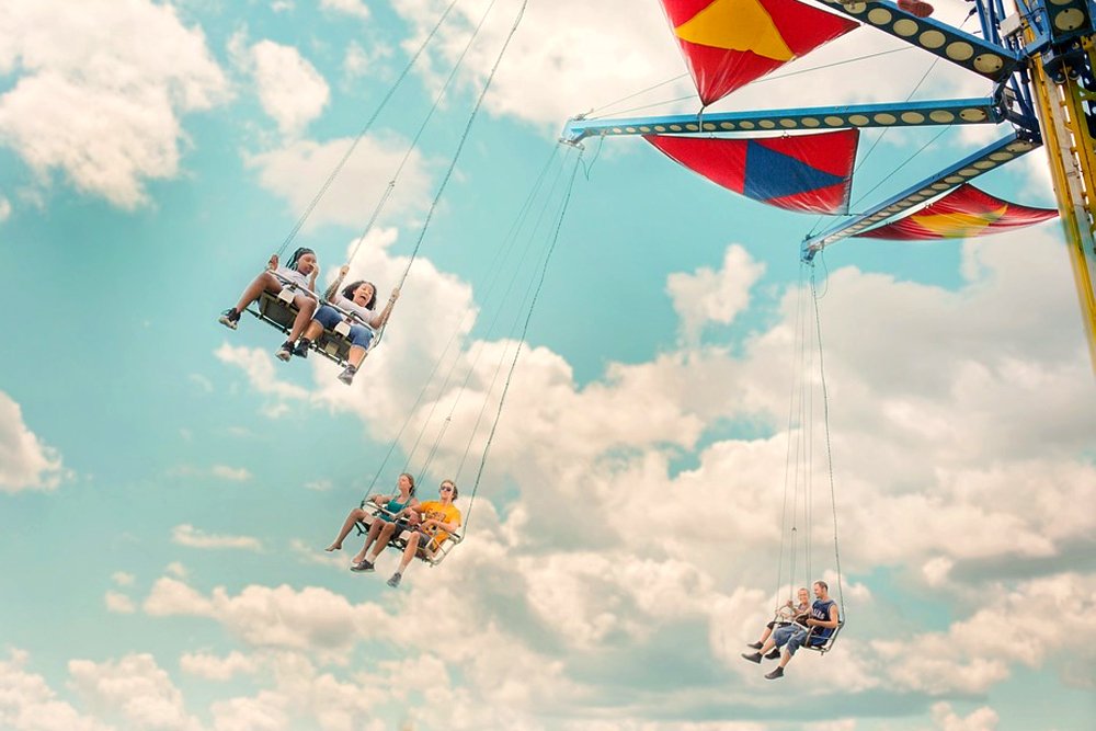 swing ride, amusement park, funfair, happy
