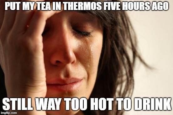PUT MY TEA IN THERMOS FIVE HOURS AGO; STILL WAY TOO HOT TO DRINK