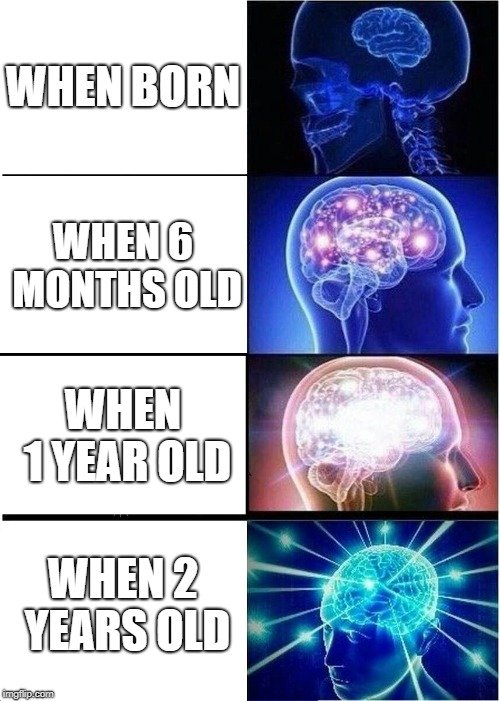 WHEN BORN; WHEN 6 MONTHS OLD; WHEN 1 YEAR OLD; WHEN 2 YEARS OLD meme