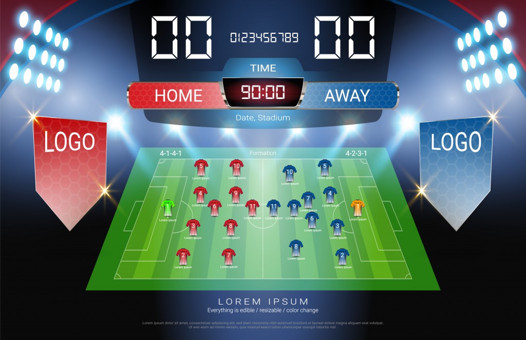 Football or soccer starting lineup, Jersey uniforms and Digital timing scoreboard match vs strategy broadcast graphic template for presentation score or game results (Vector file fully editable) - Vector( PRAIRAT FHUNTA)s