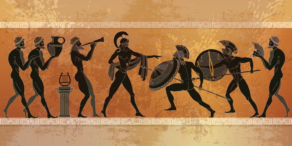 Ancient Greece scene. Black figure pottery. Ancient Greek mythology. Warriors Sparta people, gods - Vector(matrioshka)