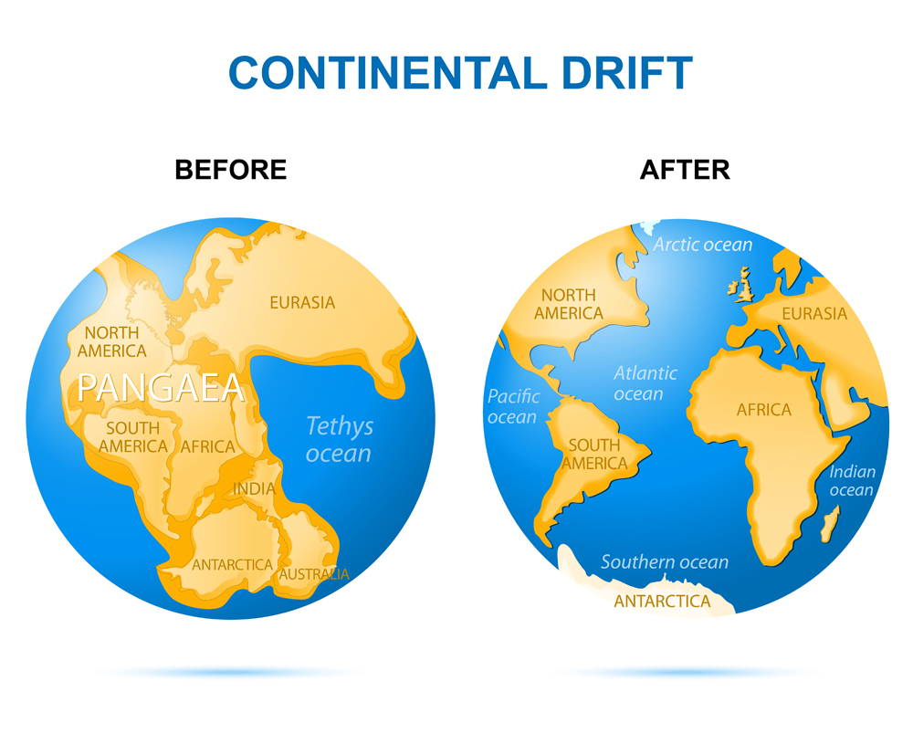 Continental drift on the planet Earth. Before as Pangaea(Designua)s