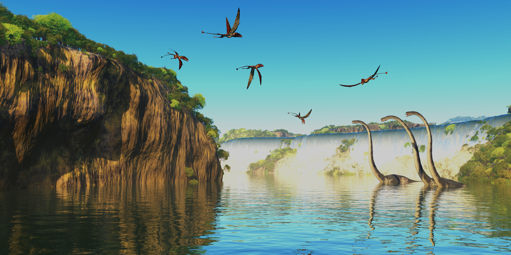 Dimorphodon and Omeisaurus Dinosaurs - Omeisaurus herbivorous sauropod dinosaurs wade through a river below a waterfall as Dimorphodon flying reptiles fly overhead. - Illustration(Catmando)s