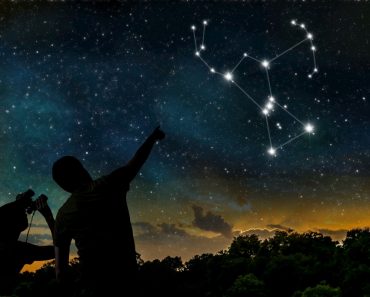 Orion constellation on night sky. Astrology concept. Silhouettes of adult man and child observing night sky. - Illustration(vchal)s