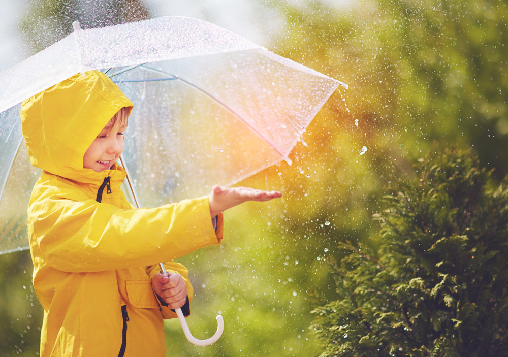 happy kid catching rain drops in spring park - Image( Olesia Bilkei)s