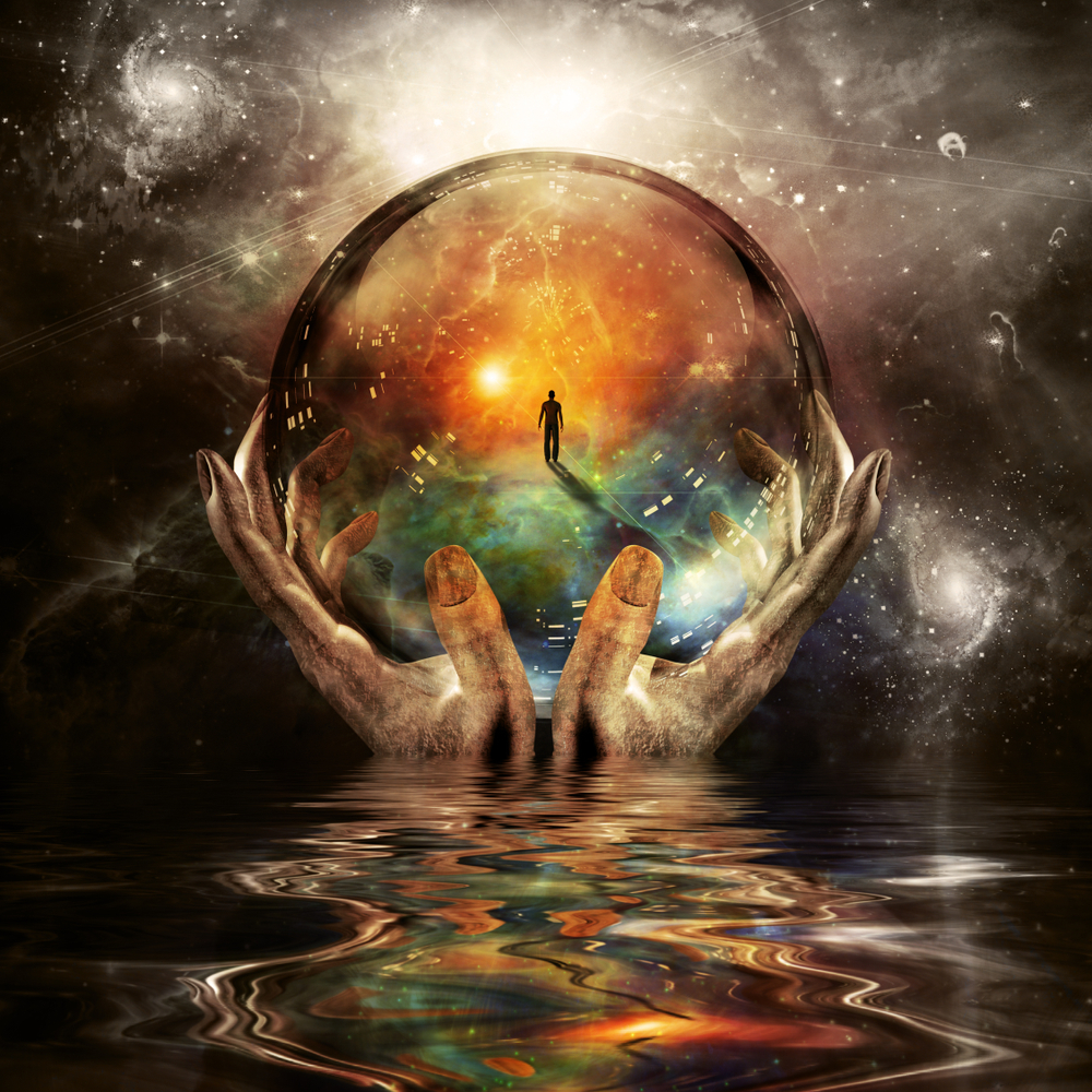 Crystal ball in hands of God. Endless space. 3D rendering - Illustration( Bruce Rolff)S