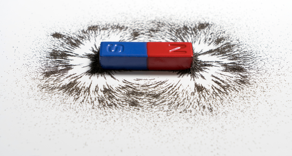 Red and blue bar magnet or physics magnetic with iron powder magnetic field on white background. Scientific experiment in science class in school. - Image(ShutterStockStudio)s