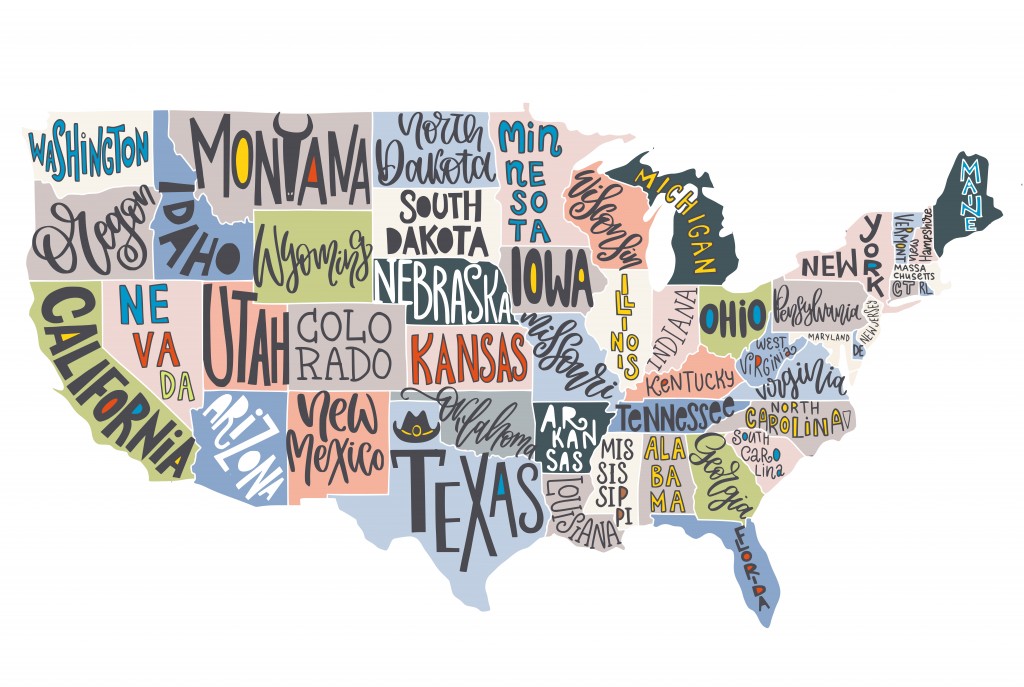 USA map with states - pictorial geographical poster of America, hand drawn lettering design for wall decoration, travel guide, print. Unique creative typography vector illustration. - Vector(KateChe)S