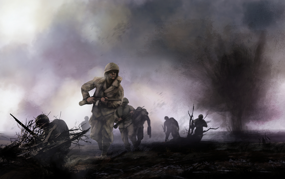 American soldiers on battlefield. WW2 illustration of american soldiers platoon attacking on a battlefield with explosions and mist background. - Illustration(breakermaximus)s