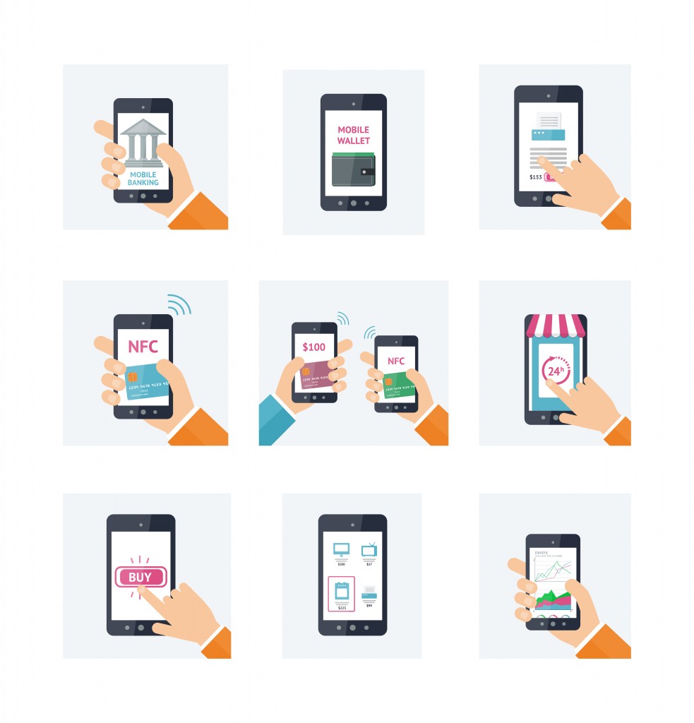 Flat icons set with mobile technology, online shopping, web wallet, nfc, online banking concept( Voin_Sveta)s