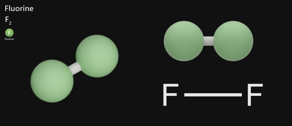 Fluorine is a chemical element with symbol F and atomic number 9. F2. 3D illustration(Orange Deer studio)s