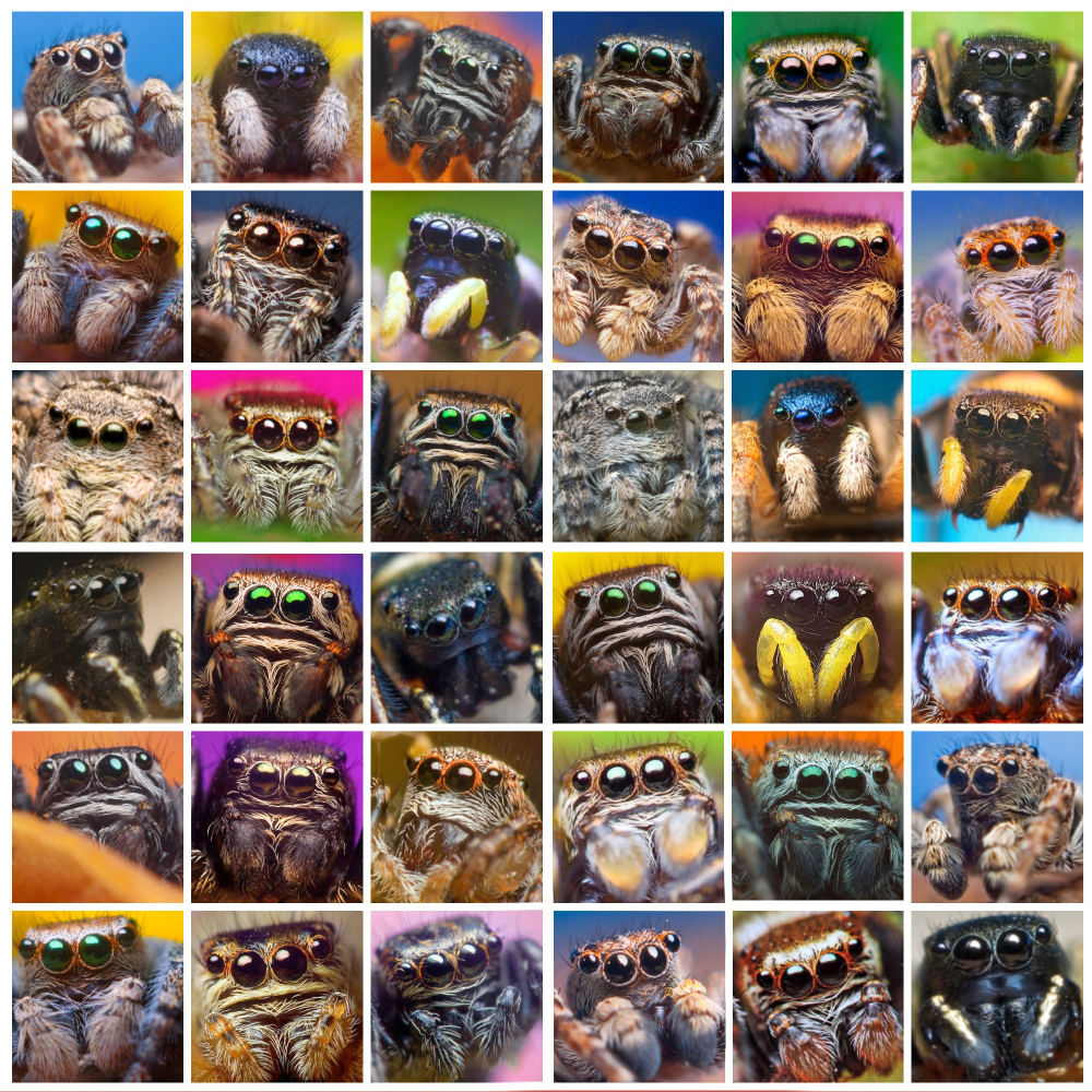 Photo collage of a set photographs of jumping spiders in square frames on the image - Image(Oleg_Serkiz)s