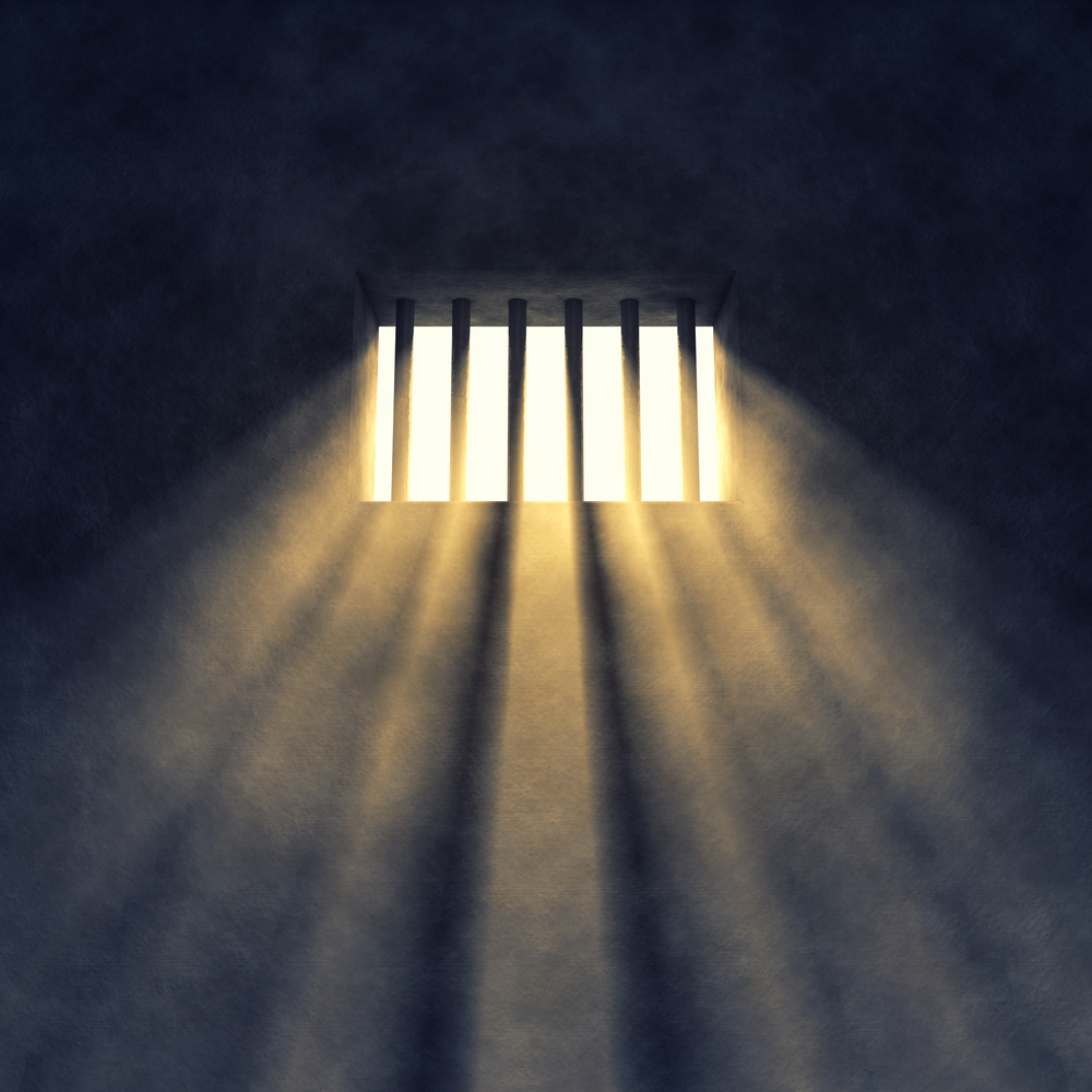 Prison cell interior , sunrays coming through a barred window - Illustration(nobeastsofierce)S