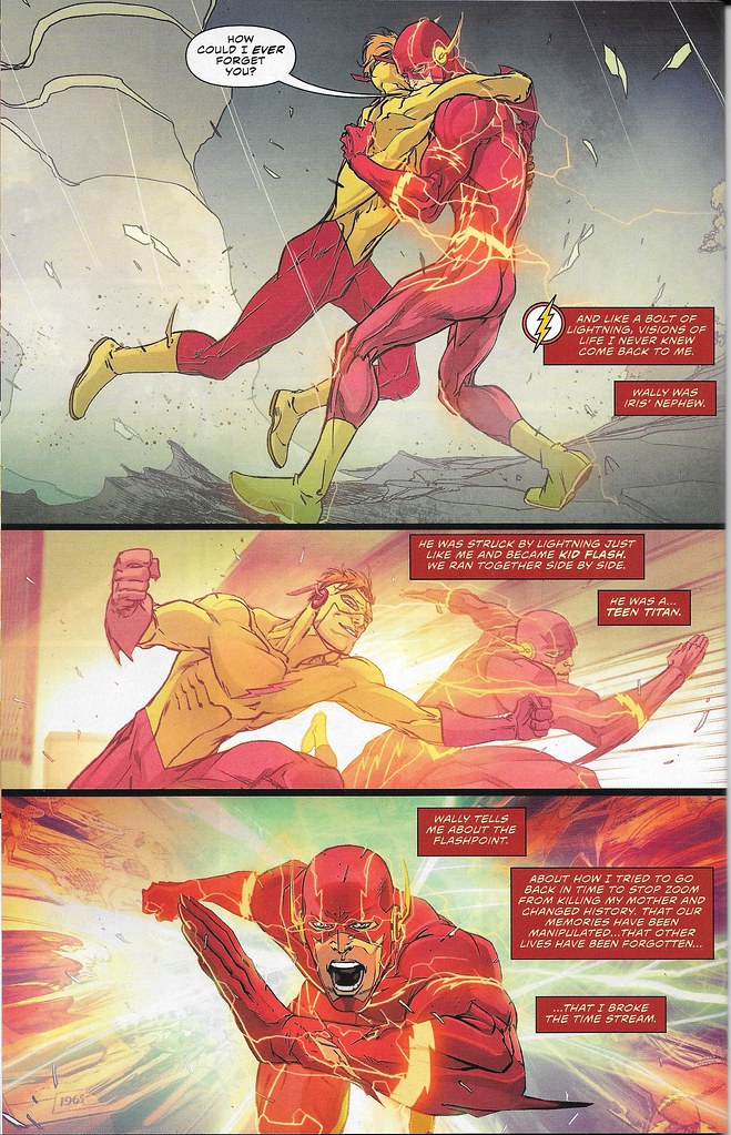 The Flash, Rebirth#1 depicting The Flash (Barry Allen) in red and Kid flash (Wally West) in yellow, running side by side while conversing.