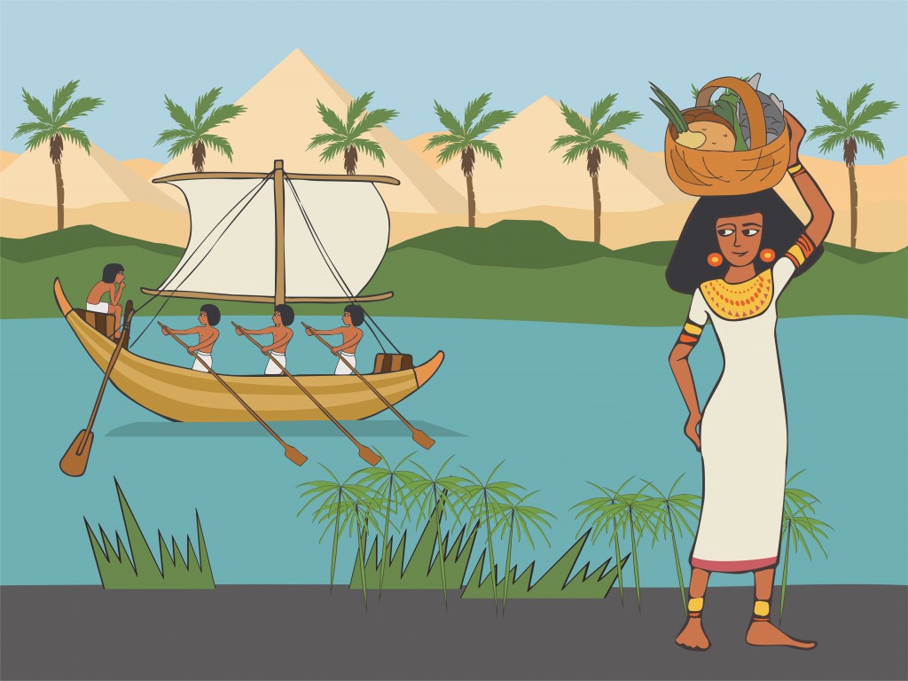 everyday life in Anicient Egypt, cartoon woman in historical clothing style with food basket on her head at pyramids and Nile river background - Vector(Olga Kuevda)s