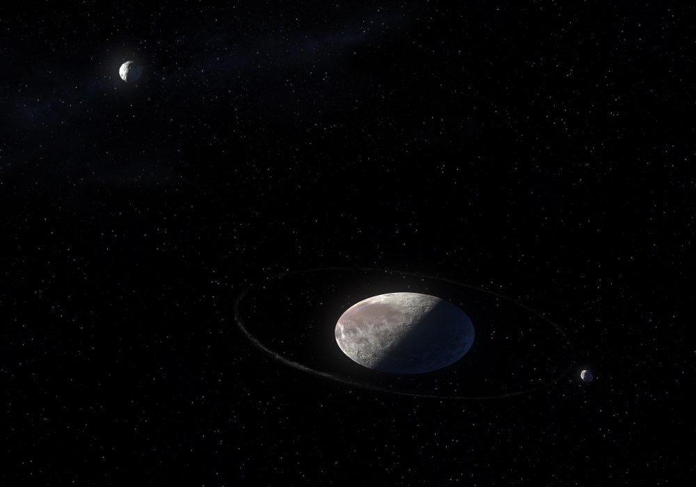 This image is a concept of the Haumea ellipsoidal dwarf planet with rings in the Kuiper belt and its moons( Diego Barucco)s
