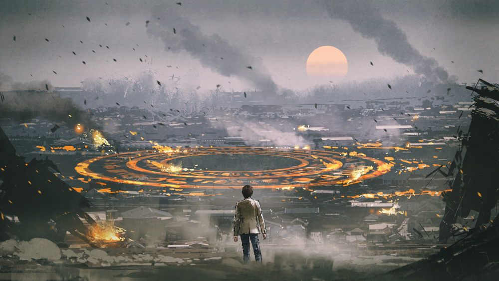 post apocalypse scene showing the man standing in ruined city and looking at mysterious circle on the ground( Tithi Luadthong)s