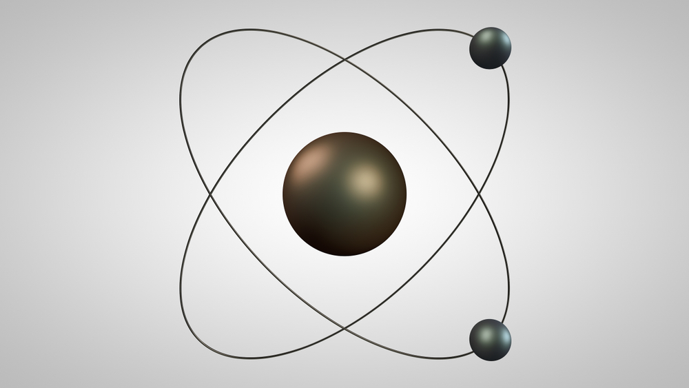 3D illustration of an atom model with a nucleus and two electrons(Tschub)s
