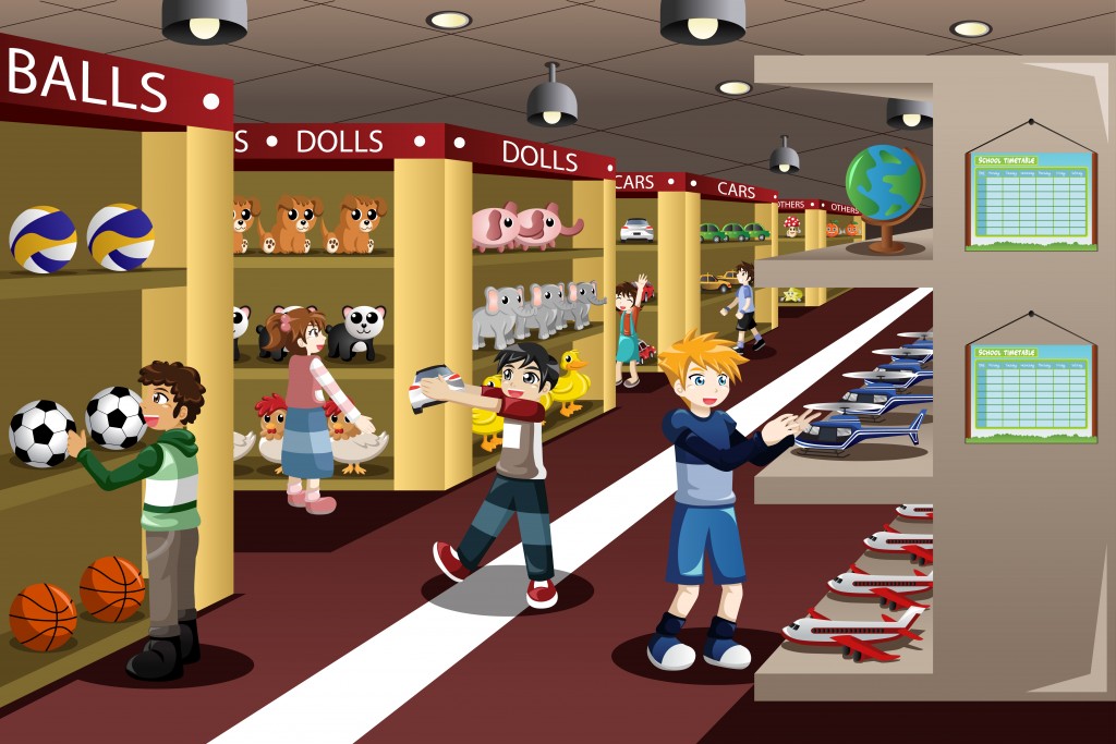 A vector illustration of kids looking at toys in a toy store(Artisticco)S