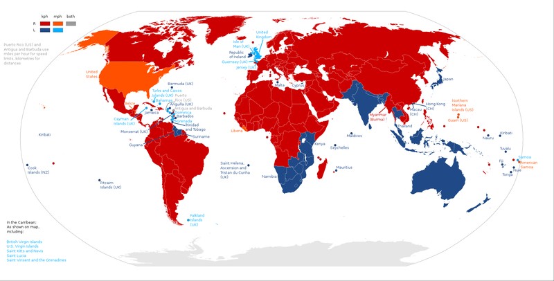 Countries driving on the left or right, uses kilometers or miles