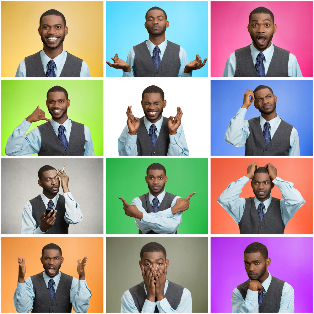 Man mood, behavior changes, swings. Collage young man expressing different emotion( ESB Professional)s