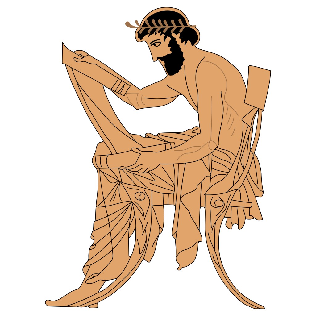 Seated ancient Greek man with a scroll. Based on authentic vase painting image(Eroshka)s
