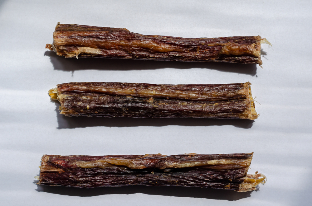 Three soft bully sticks. Dried beef esophagus for pets. Horizontal layout option( Dmitriev Mikhail)s