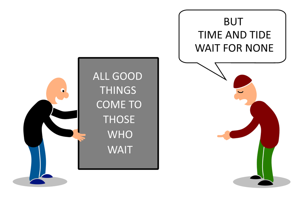 Two men talking on two contradict proverbs on time (mypokcik)s