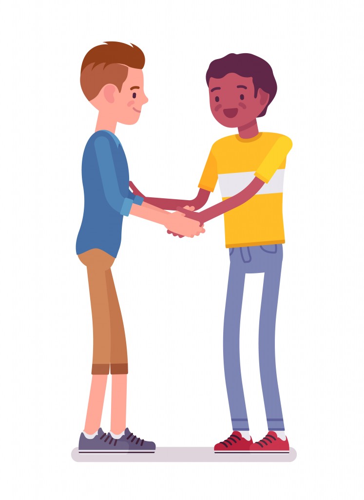 Young men handshaking with both hands. Eye contact, body language, everyday etiquette and customs( Andrew Rybalko)s