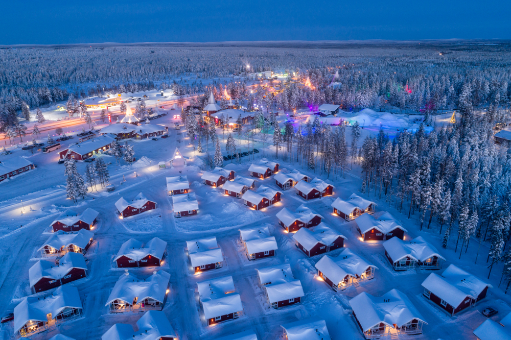 Aerial night view of Santa Claus Village in Rovaniemi in Lapland in Finland(Smelov)s