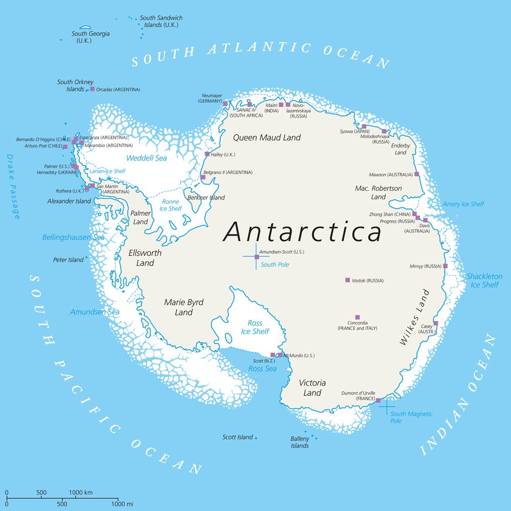 Antarctica Political Map with south pole, scientific research stations and ice shelfs( Peter Hermes Furian)s
