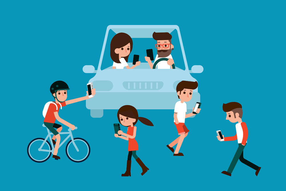 People using smartphones while walking and driving in city(Bplanet)S
