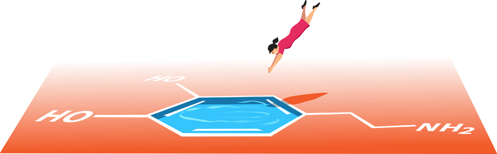 Woman jumping head first in a pool shaped like a dopamine molecule(Aleutie)S