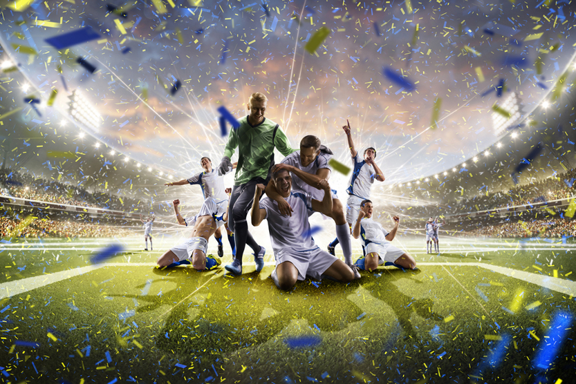 Collage adult soccer players in action on stadium panorama(Eugene Onischenko)s