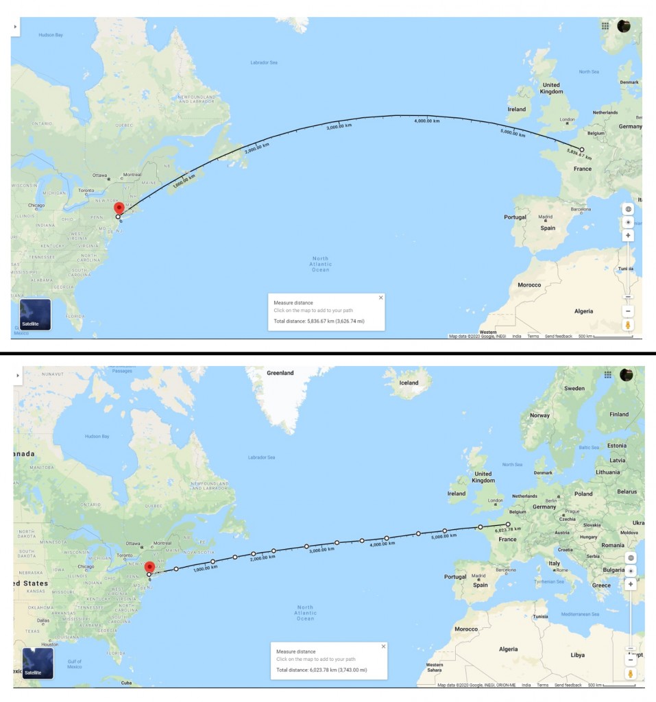 earth map Great circle distance Vs straight line distance